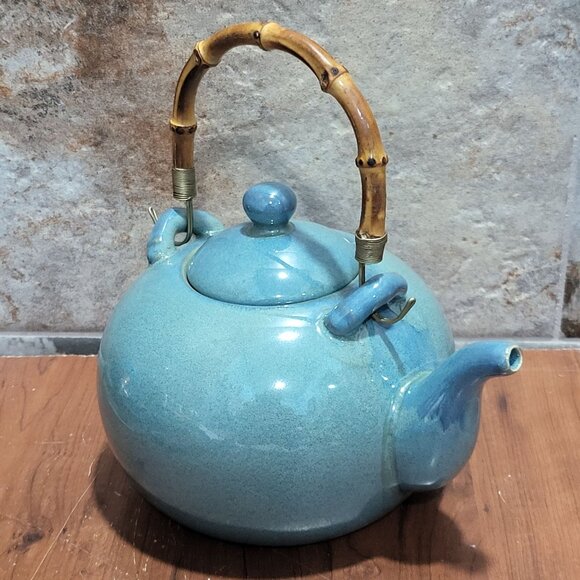 Linens and Things Zen Stoneware Teapot Green Bamboo Handle 6 Cups Capacity - Picture 6 of 16